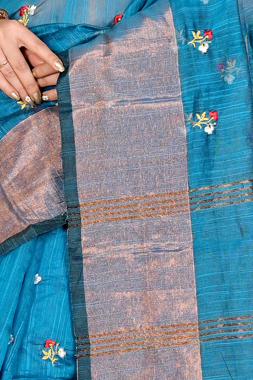 Blue Blended Cotton Slabaka Moli Hand Loom Saree (1654)