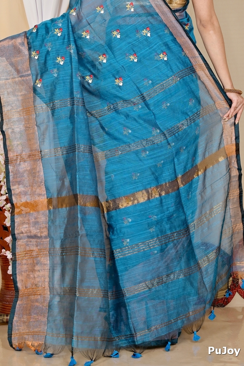 Blue Blended Cotton Slabaka Moli Hand Loom Saree (1654)