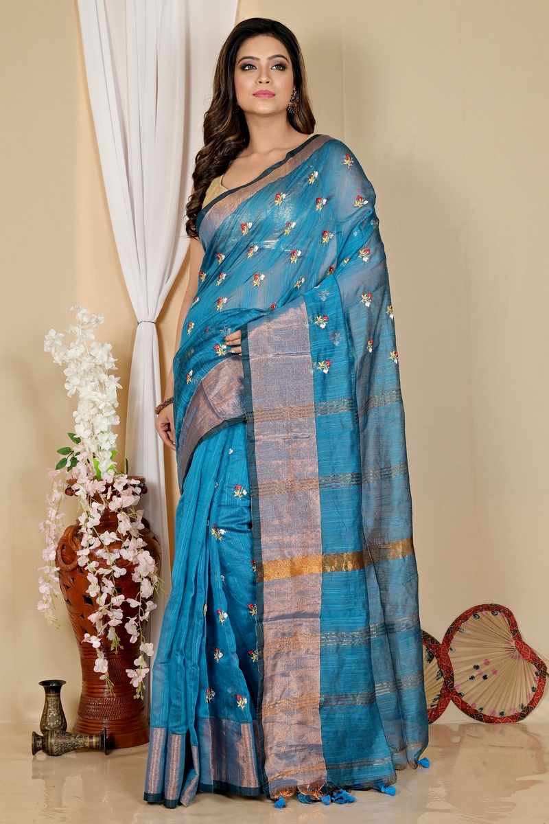 Blue Blended Cotton Slabaka Moli Hand Loom Saree (1654)