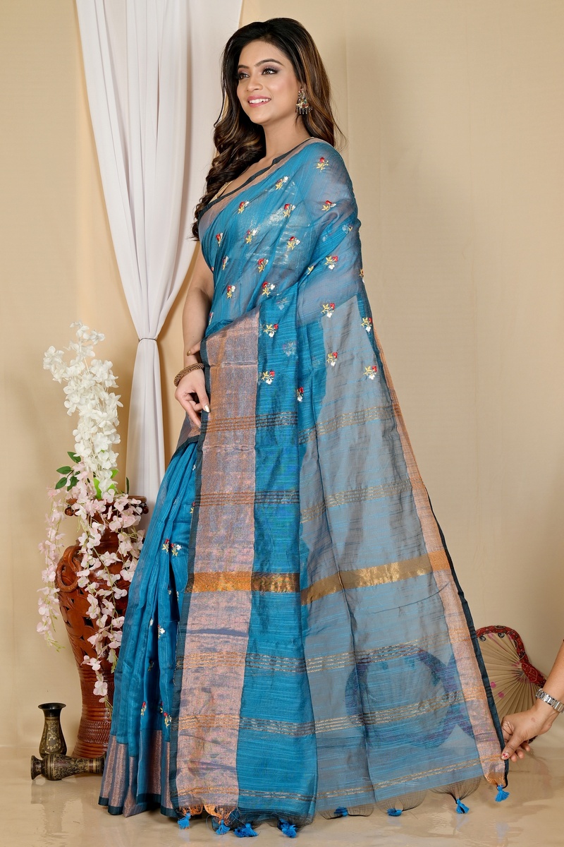 Blue Blended Cotton Slabaka Moli Hand Loom Saree (1654)