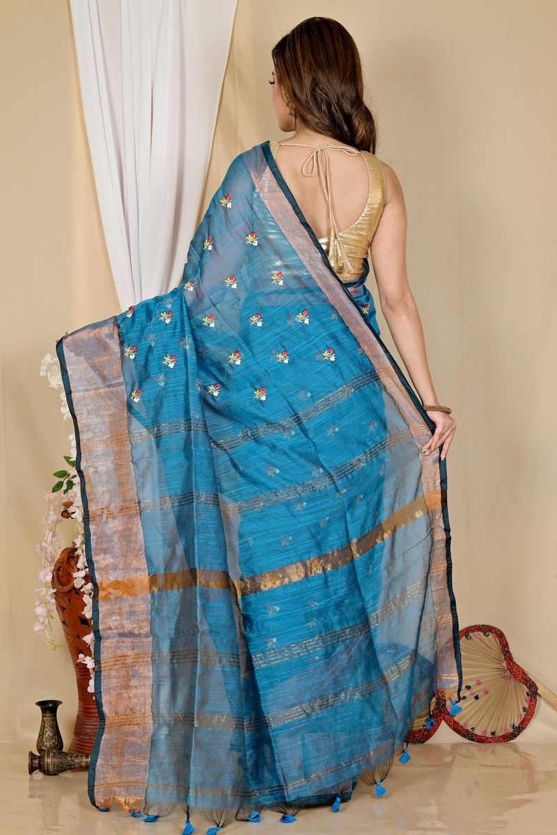Blue Blended Cotton Slabaka Moli Hand Loom Saree (1654)