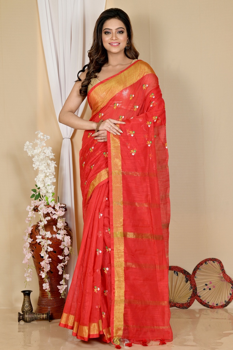 Red Blended Cotton Slabaka Moli Hand Loom Saree (1655)
