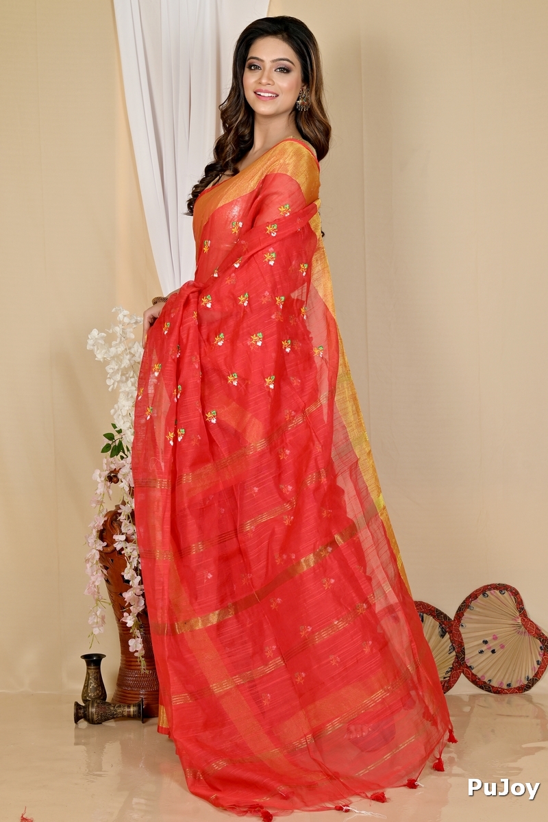 Red Blended Cotton Slabaka Moli Hand Loom Saree (1655)