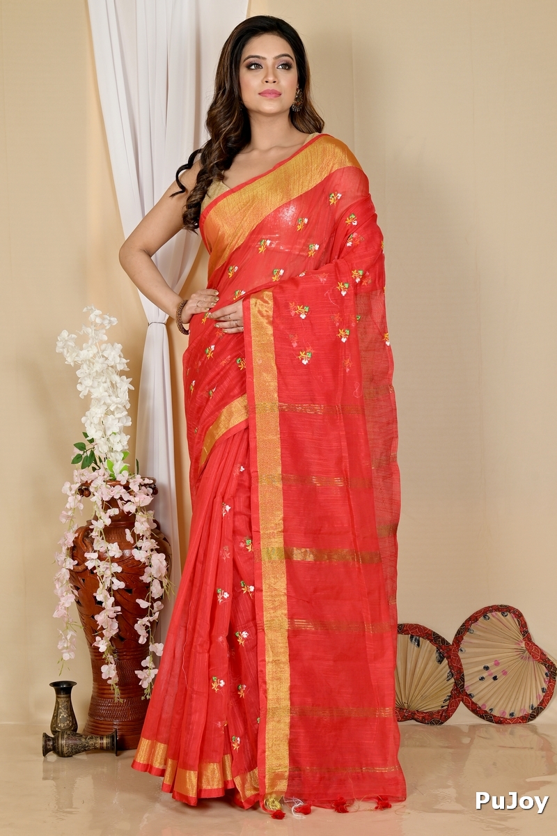 Red Blended Cotton Slabaka Moli Hand Loom Saree (1655)