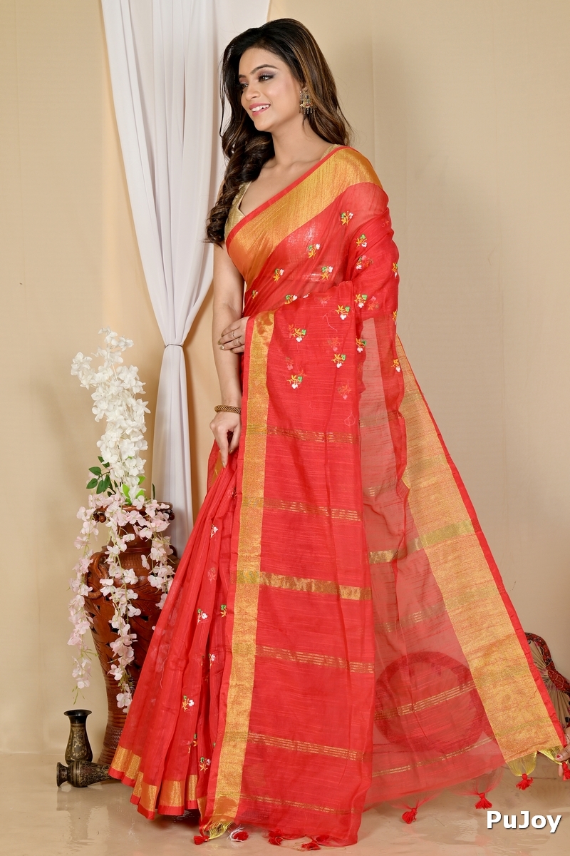 Red Blended Cotton Slabaka Moli Hand Loom Saree (1655)