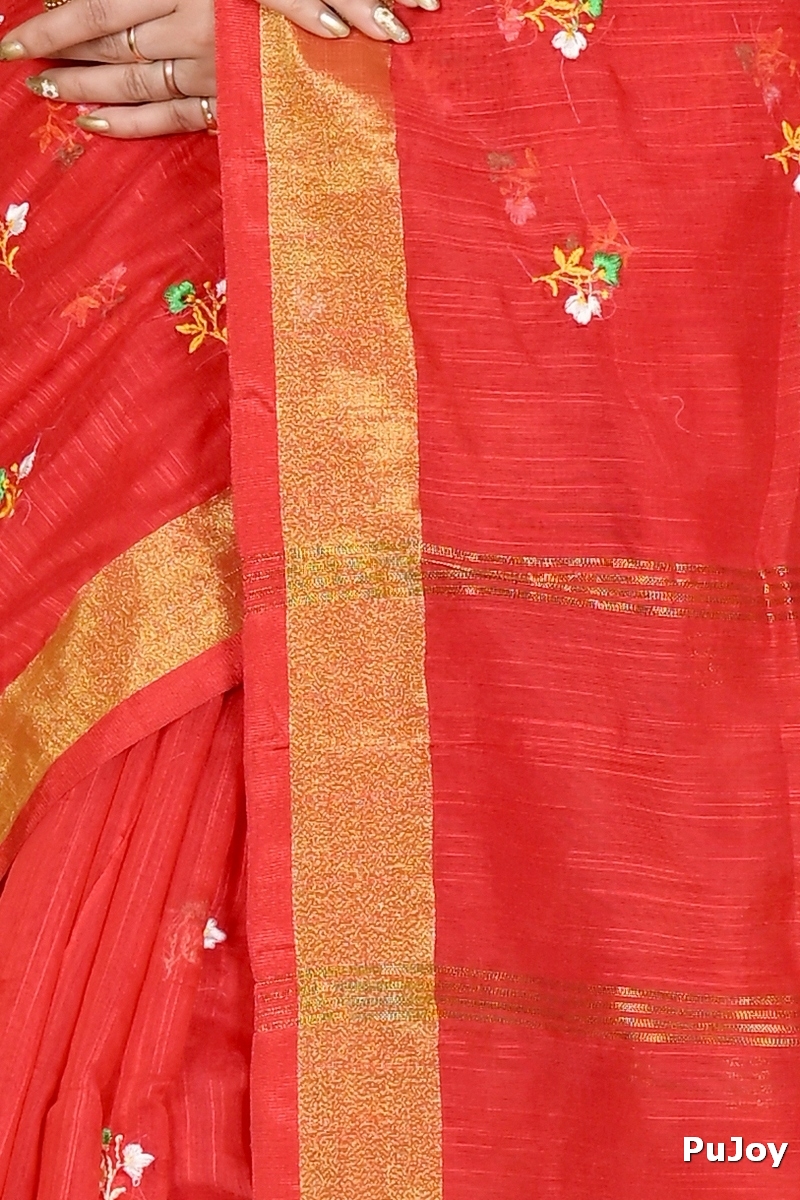 Red Blended Cotton Slabaka Moli Hand Loom Saree (1655)