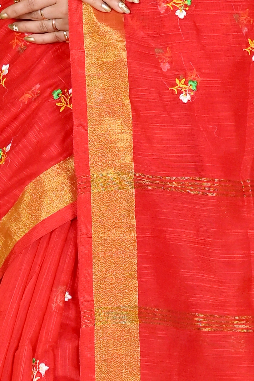 Red Blended Cotton Slabaka Moli Hand Loom Saree (1655)