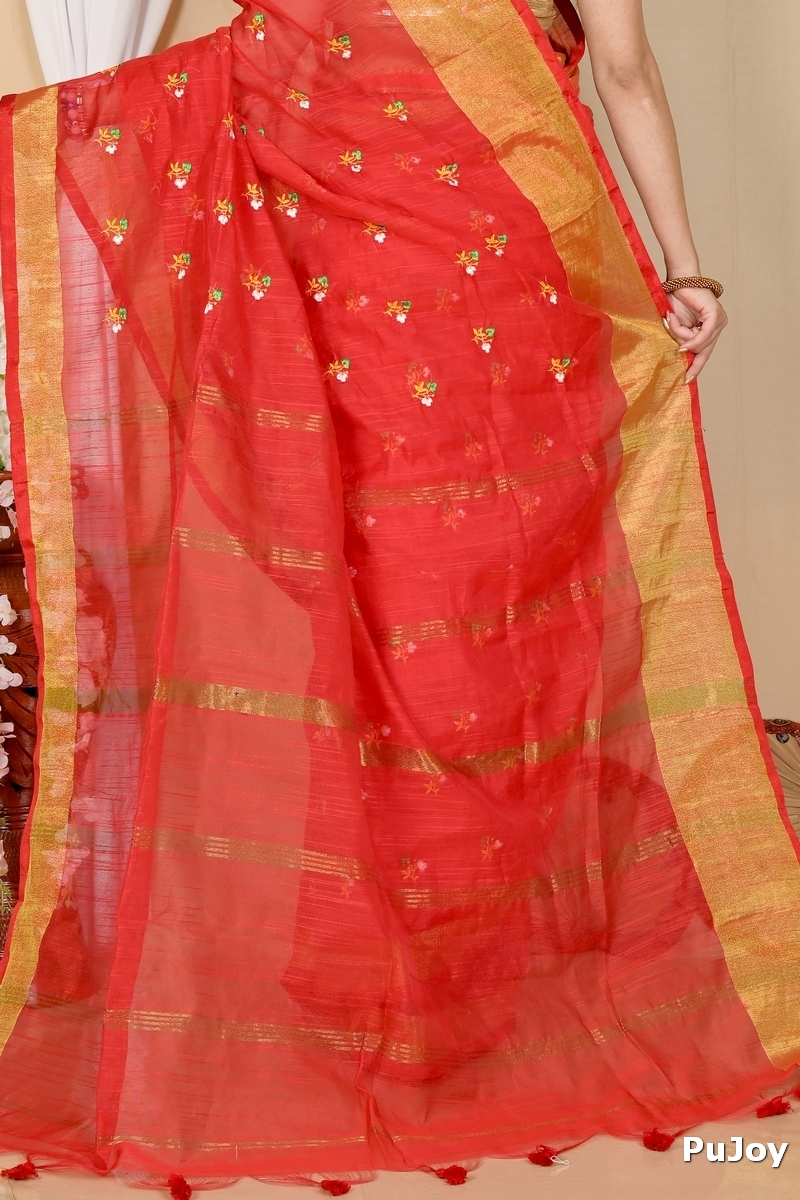 Red Blended Cotton Slabaka Moli Hand Loom Saree (1655)