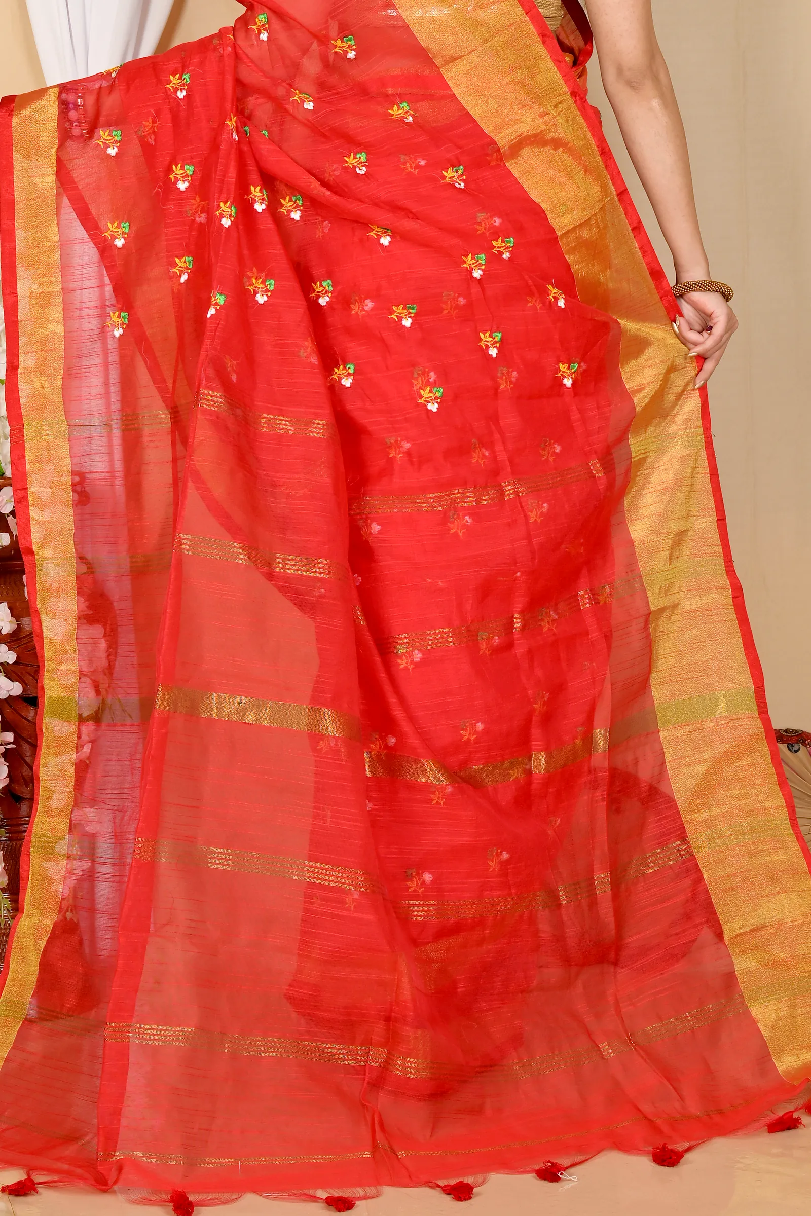 Red Blended Cotton Slabaka Moli Hand Loom Saree (1655)