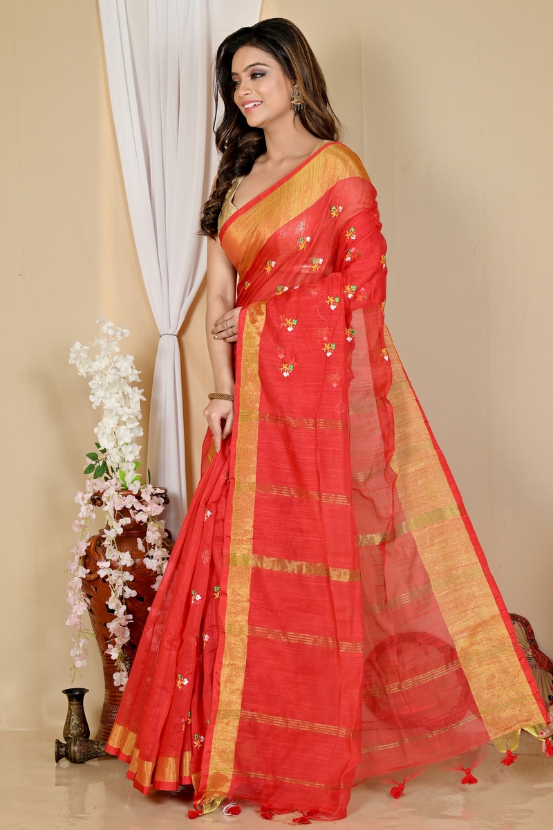 Red Blended Cotton Slabaka Moli Hand Loom Saree (1655)