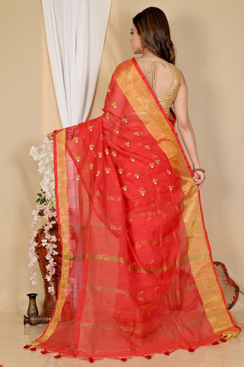 Red Blended Cotton Slabaka Moli Hand Loom Saree (1655)