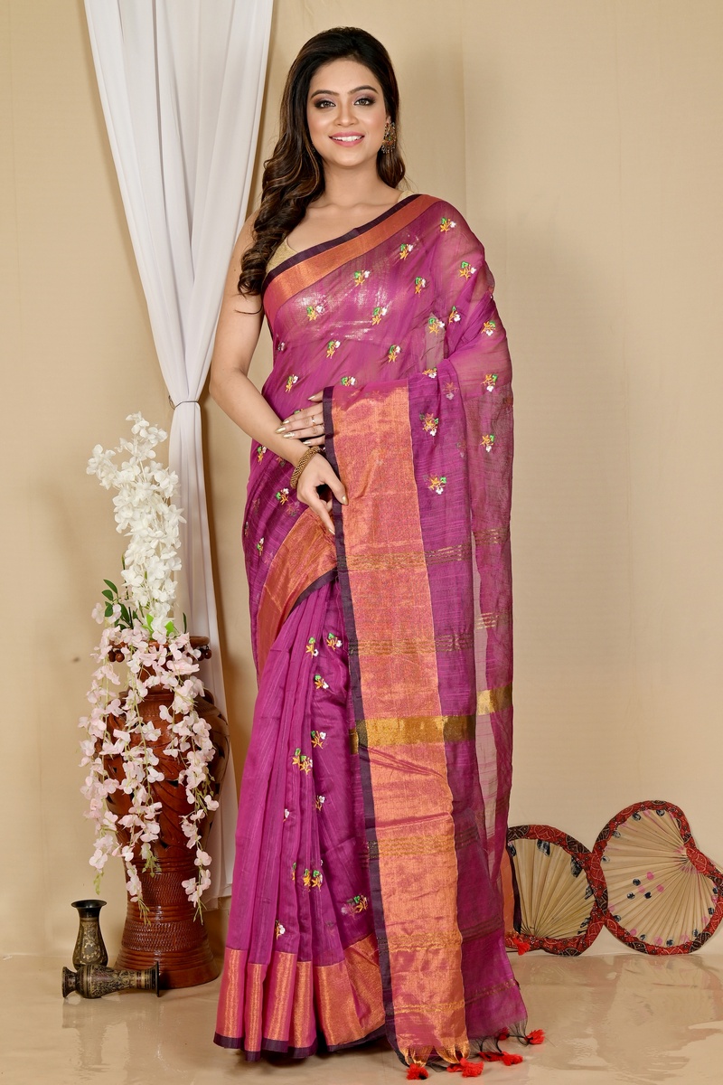 Purple Blended Cotton Slabaka Moli Hand Loom Saree (1656)