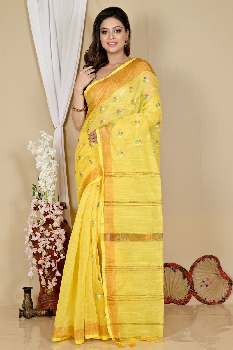 Yellow Blended Cotton Slabaka Moli Hand Loom Saree (1657)