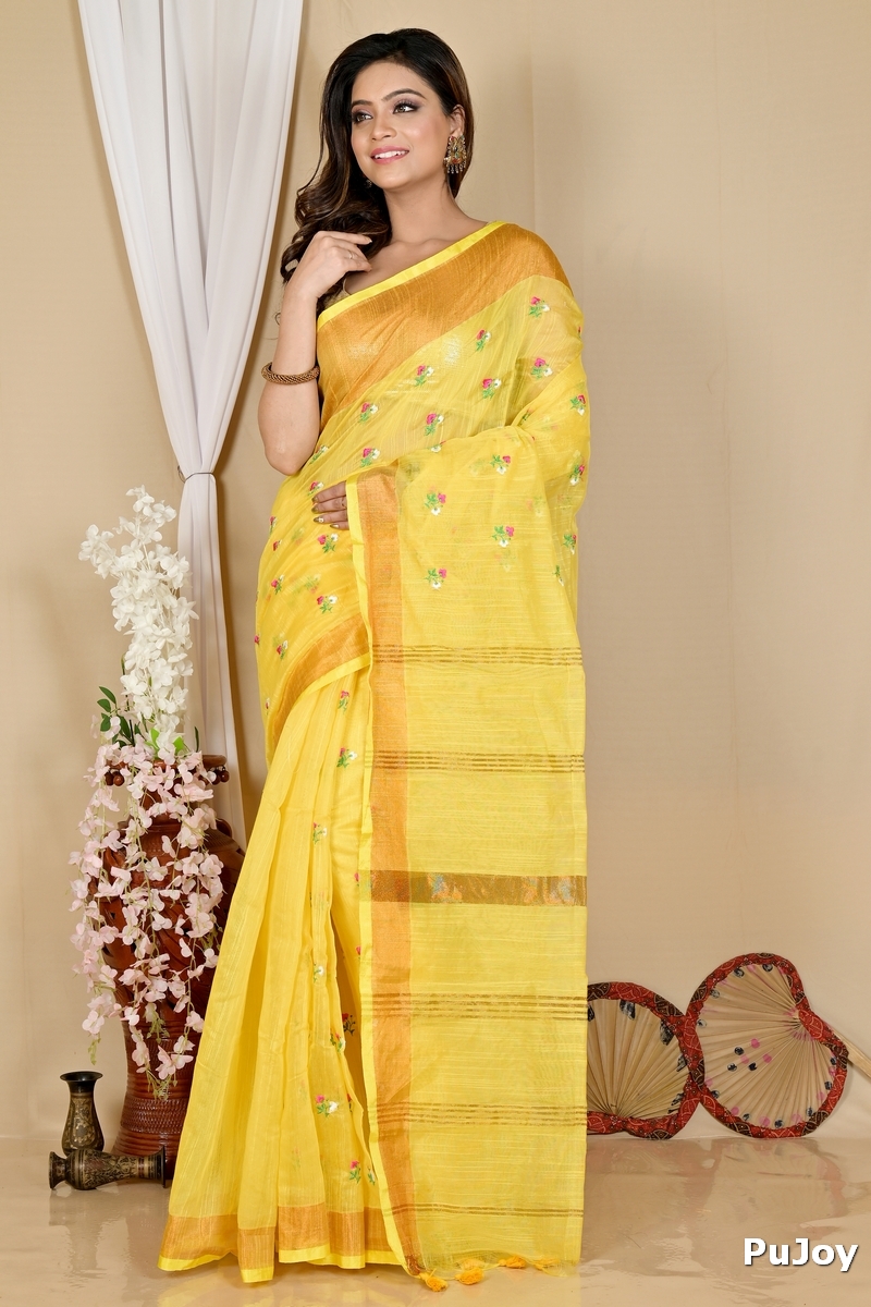 Yellow Blended Cotton Slabaka Moli Hand Loom Saree (1657)