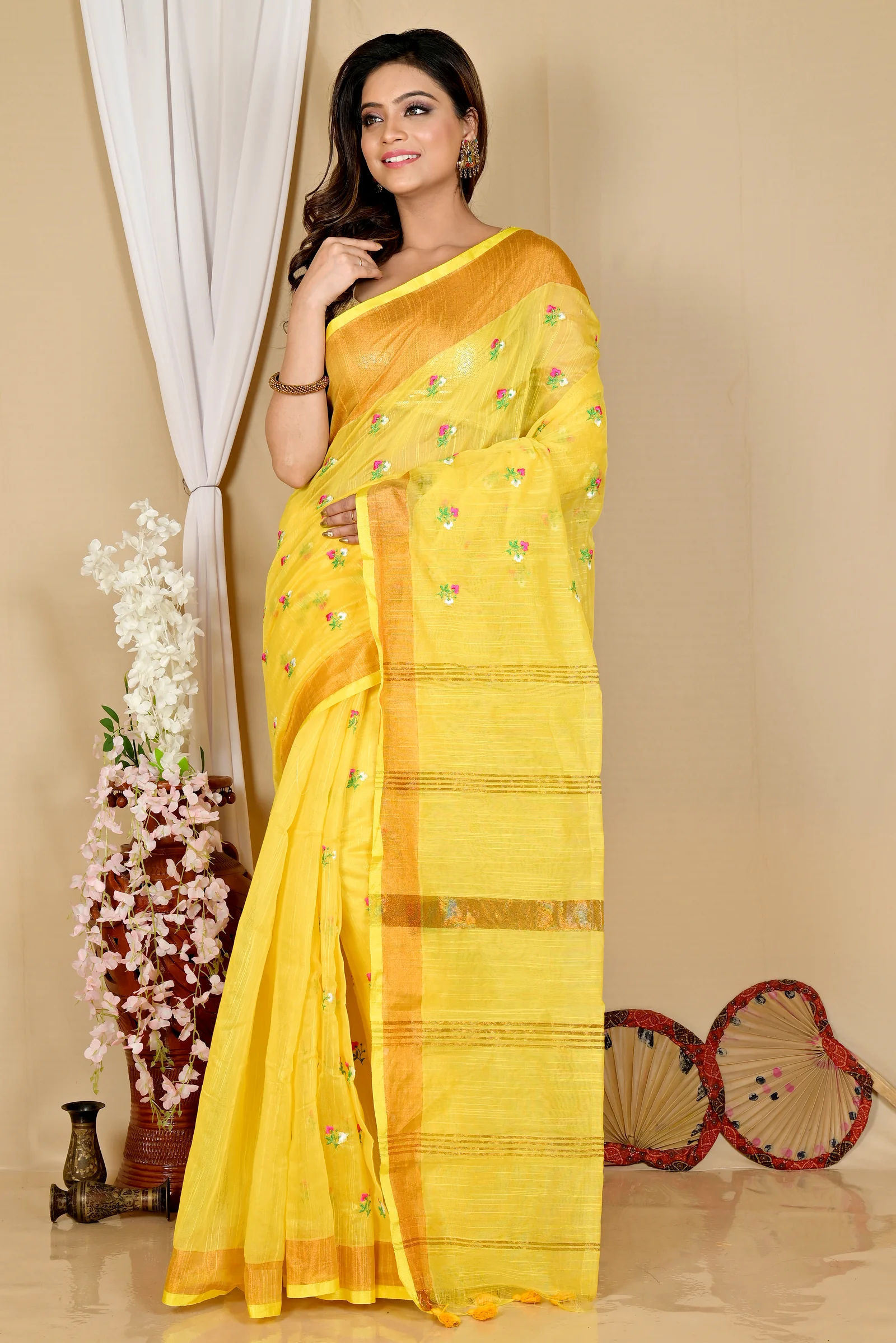Yellow Blended Cotton Slabaka Moli Hand Loom Saree (1657)