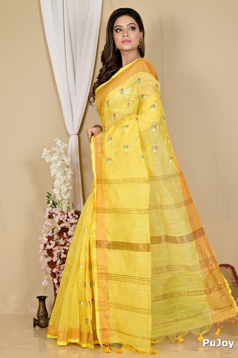 Yellow Blended Cotton Slabaka Moli Hand Loom Saree (1657)