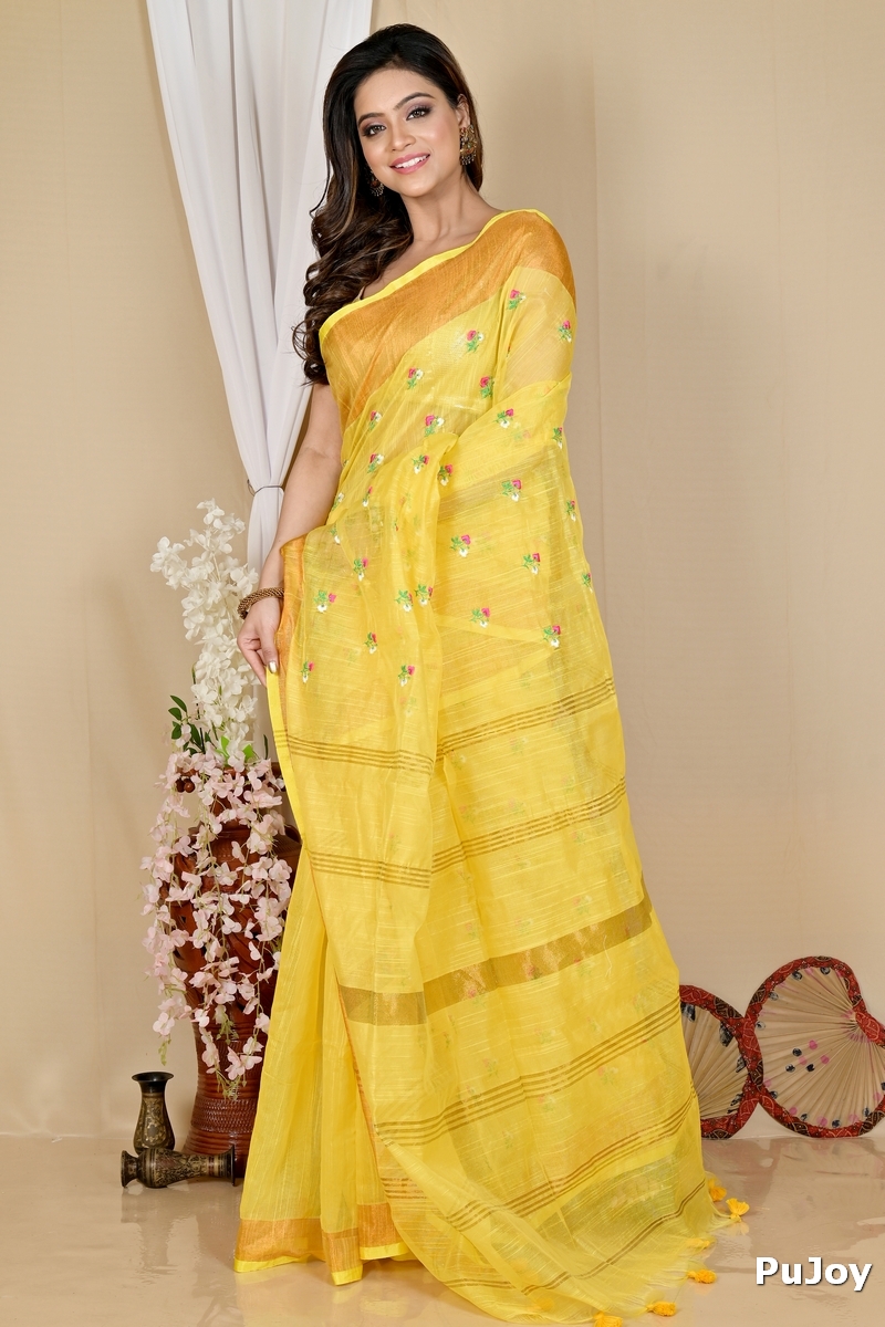 Yellow Blended Cotton Slabaka Moli Hand Loom Saree (1657)