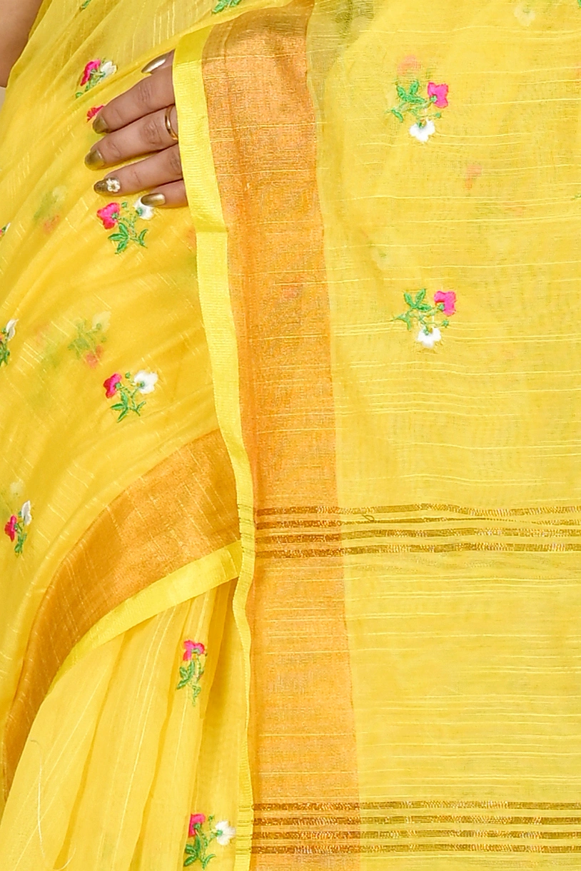 Yellow Blended Cotton Slabaka Moli Hand Loom Saree (1657)