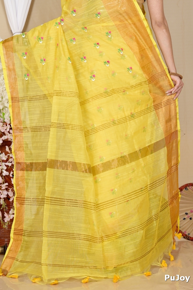 Yellow Blended Cotton Slabaka Moli Hand Loom Saree (1657)