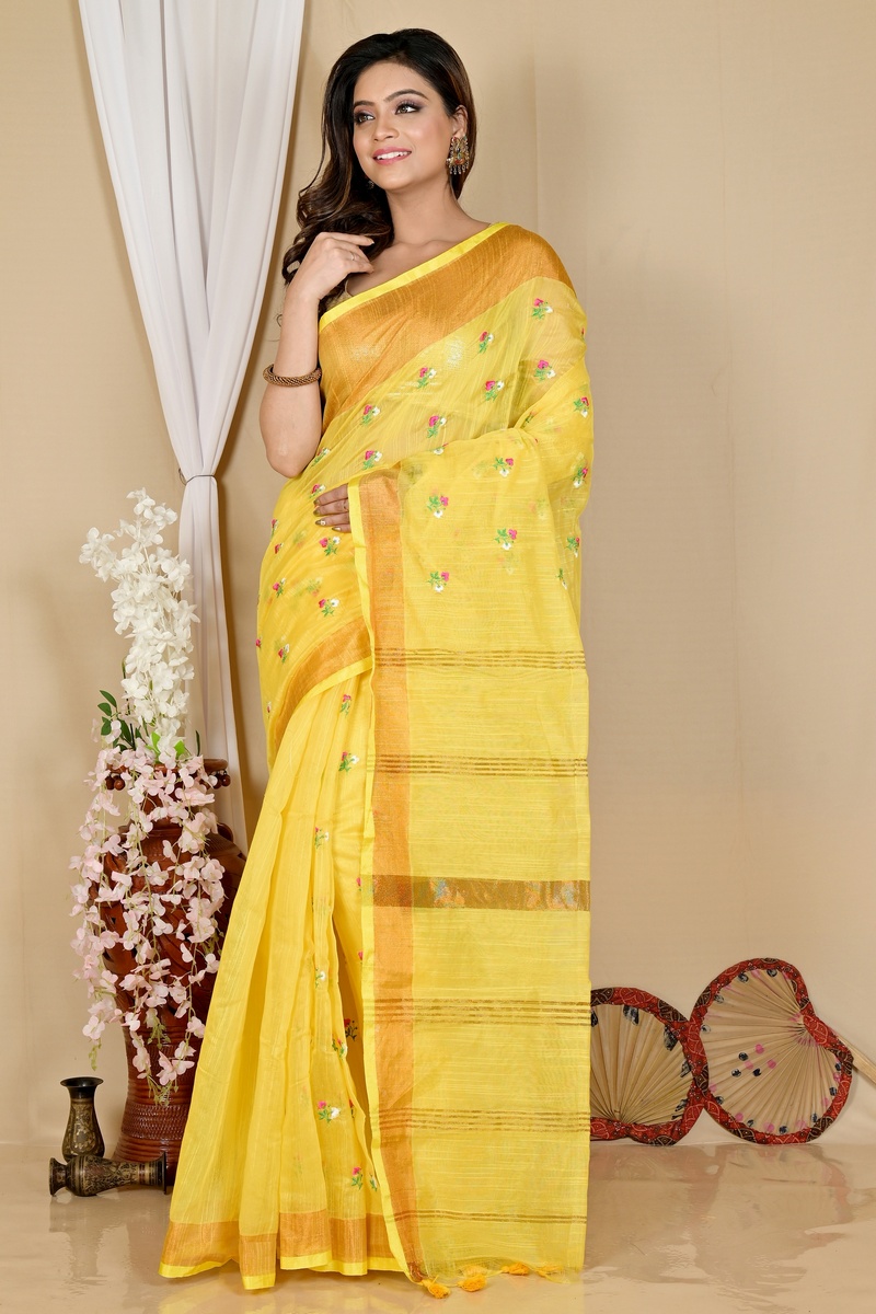 Yellow Blended Cotton Slabaka Moli Hand Loom Saree (1657)