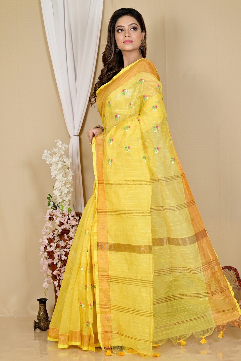 Yellow Blended Cotton Slabaka Moli Hand Loom Saree (1657)