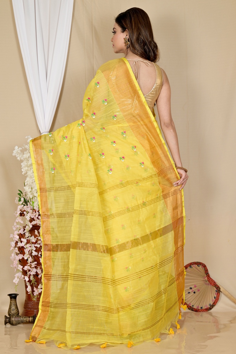 Yellow Blended Cotton Slabaka Moli Hand Loom Saree (1657)