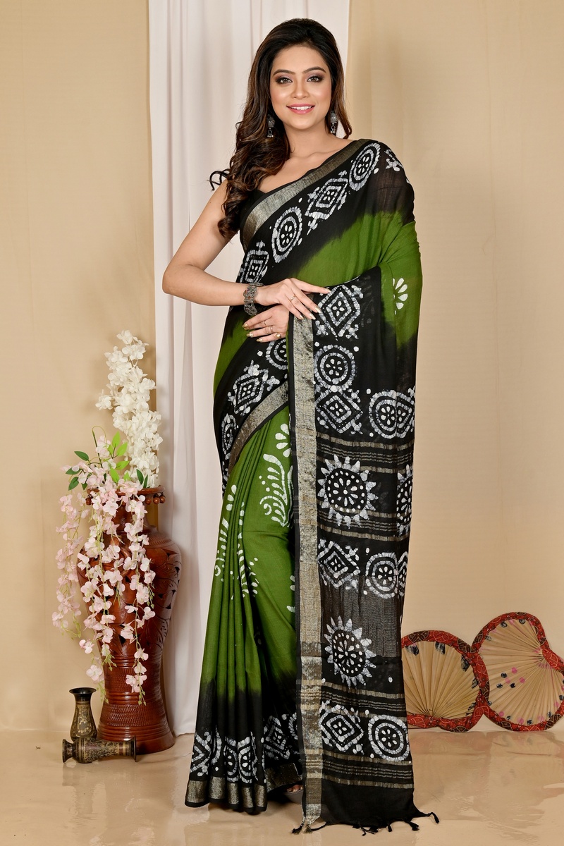 Dark Green Pure Cotton Batika Batik Print Saree (1658)