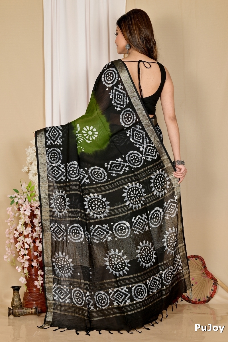 Dark Green Pure Cotton Batika Batik Print Saree (1658)