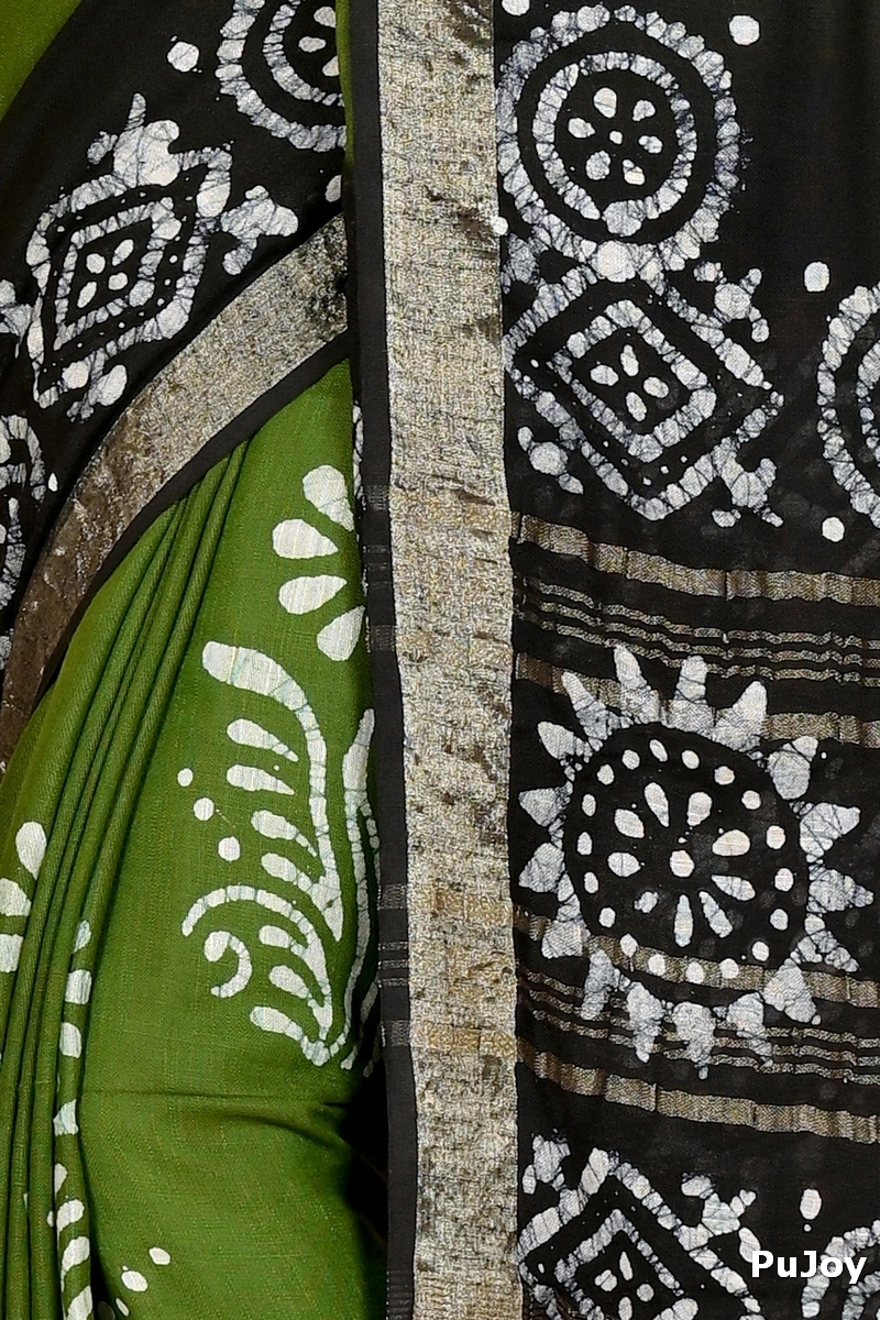 Dark Green Pure Cotton Batika Batik Print Saree (1658)