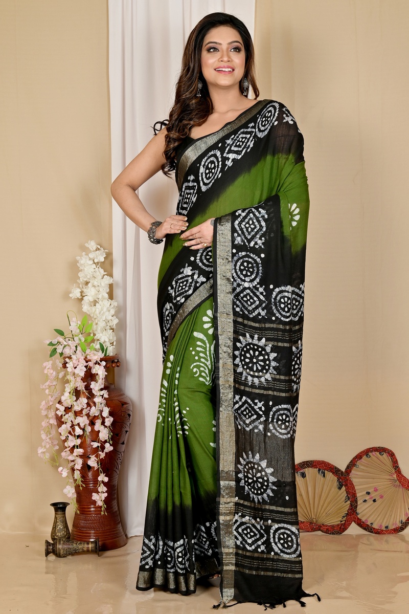 Dark Green Pure Cotton Batika Batik Print Saree (1658)