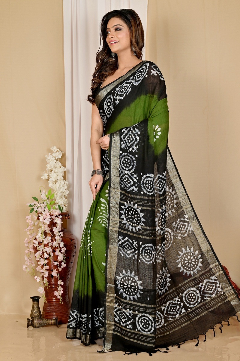 Dark Green Pure Cotton Batika Batik Print Saree (1658)