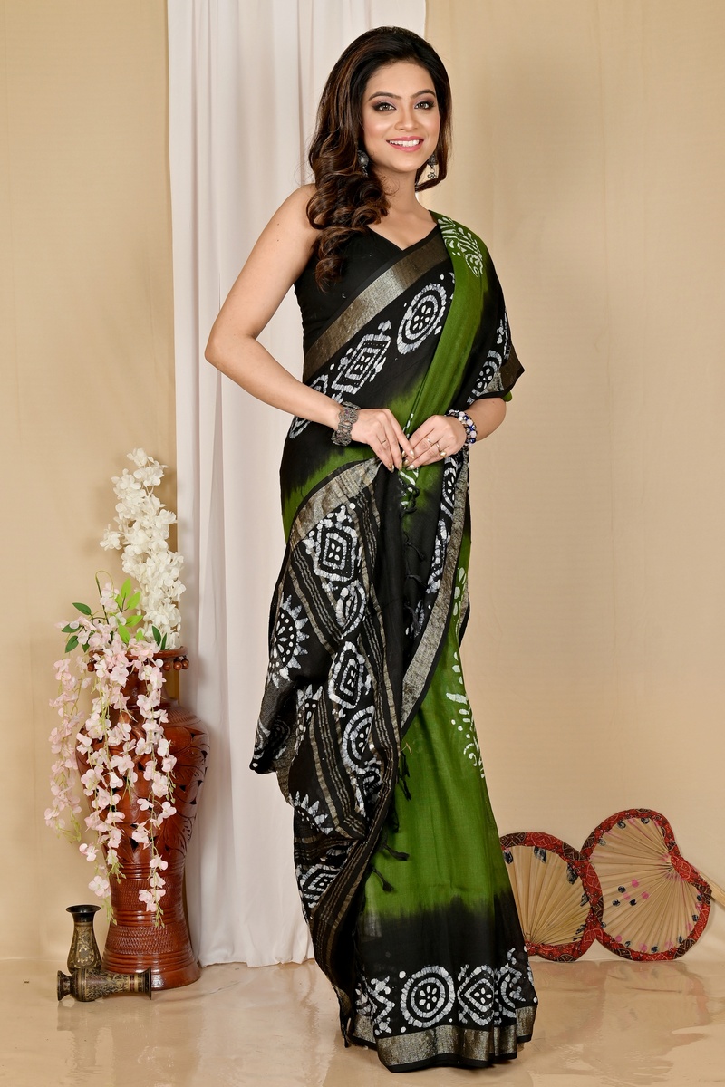 Dark Green Pure Cotton Batika Batik Print Saree (1658)