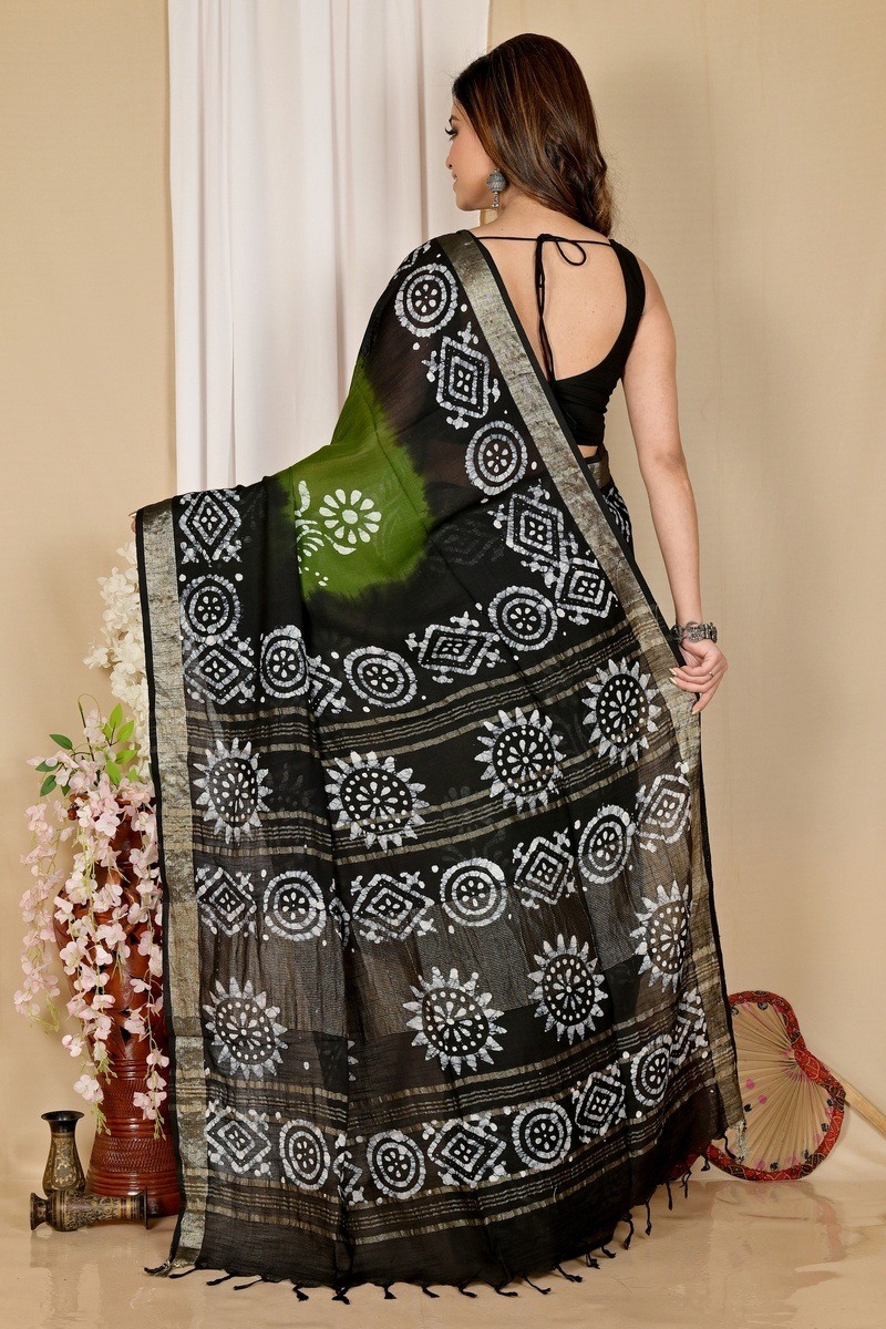 Dark Green Pure Cotton Batika Batik Print Saree (1658)