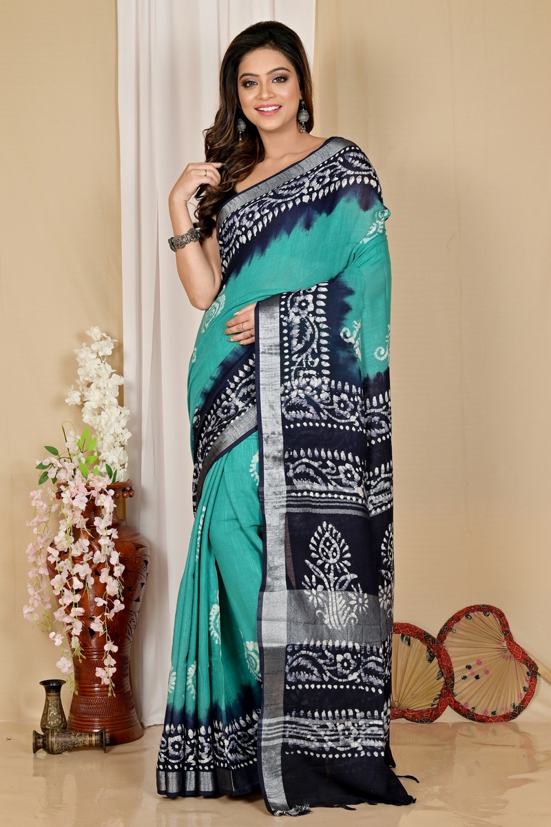Sky Blue Pure Cotton Batika Batik Print Saree (1659)