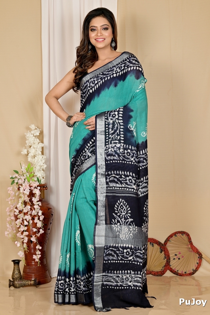 Sky Blue Pure Cotton Batika Batik Print Saree (1659)