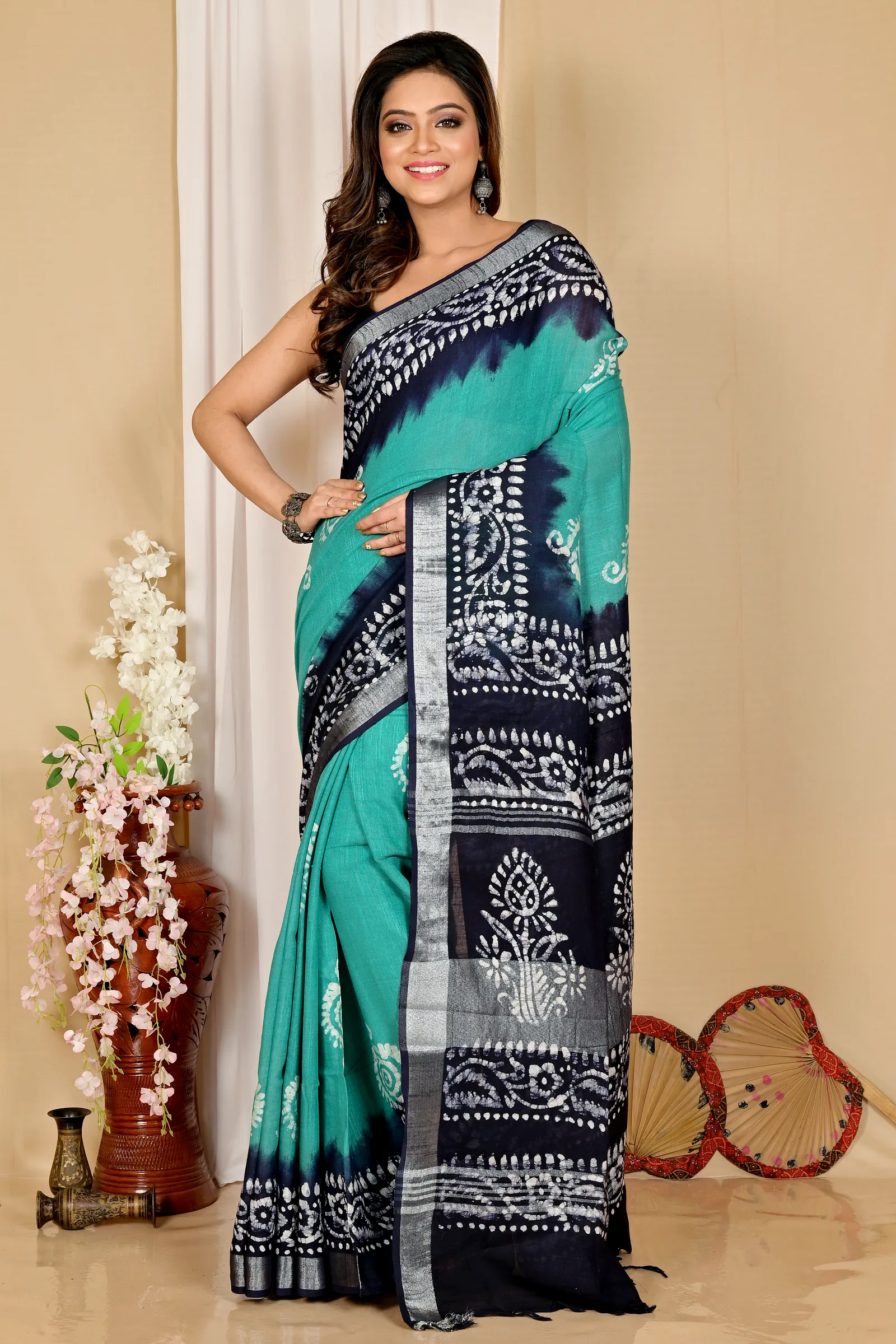 Sky Blue Pure Cotton Batika Batik Print Saree (1659)