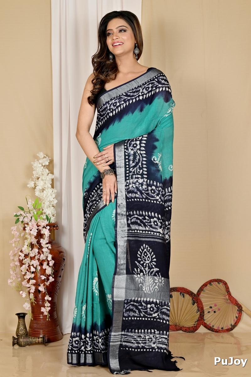 Sky Blue Pure Cotton Batika Batik Print Saree (1659)