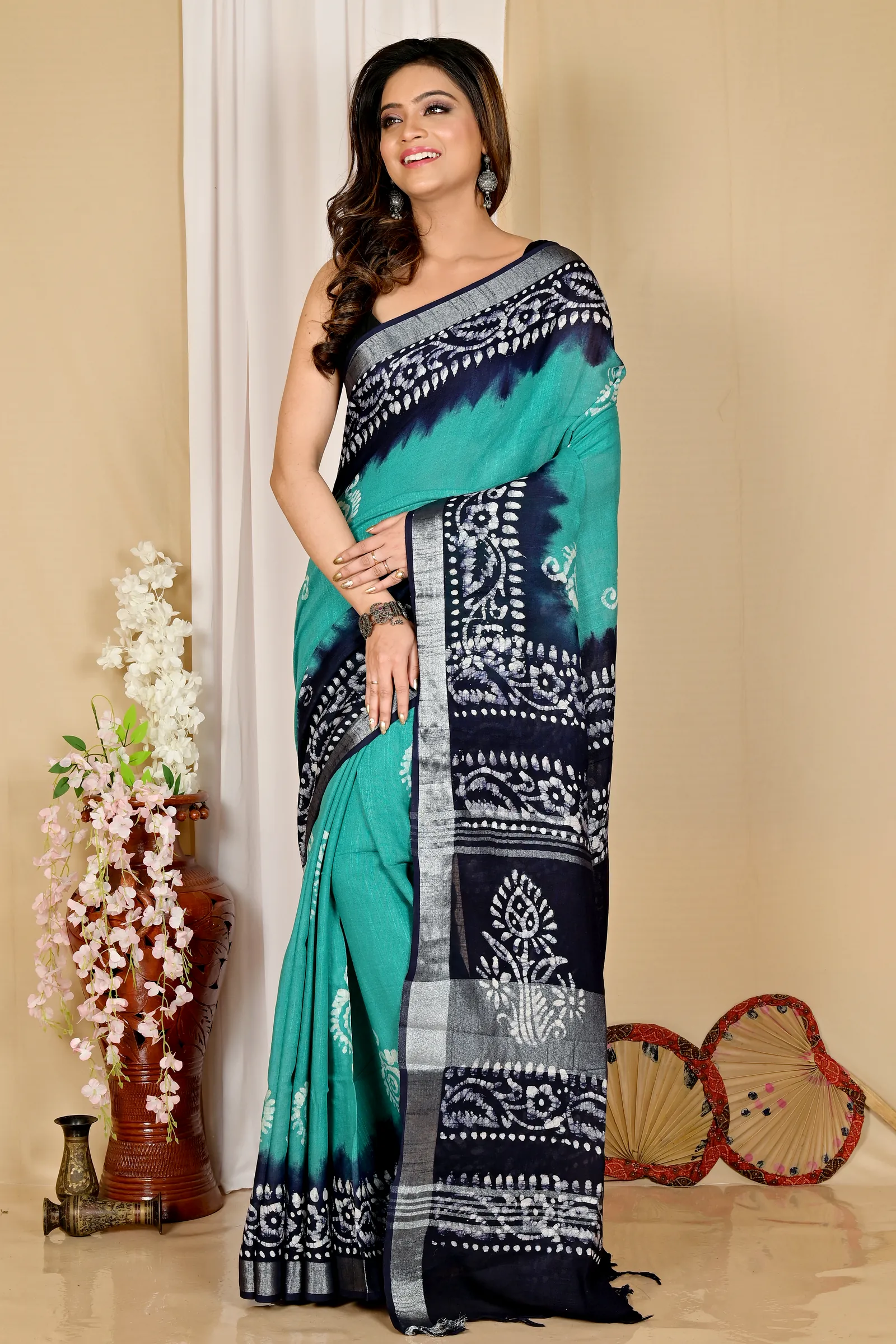 Sky Blue Pure Cotton Batika Batik Print Saree (1659)