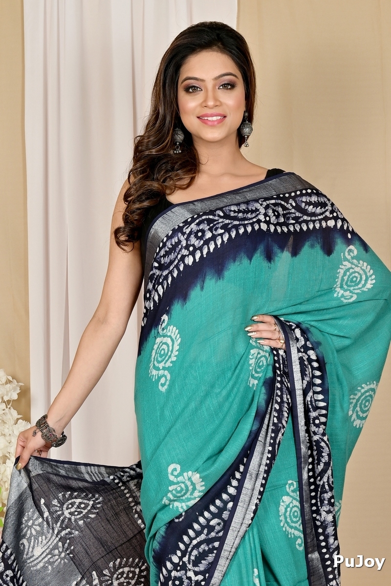 Sky Blue Pure Cotton Batika Batik Print Saree (1659)