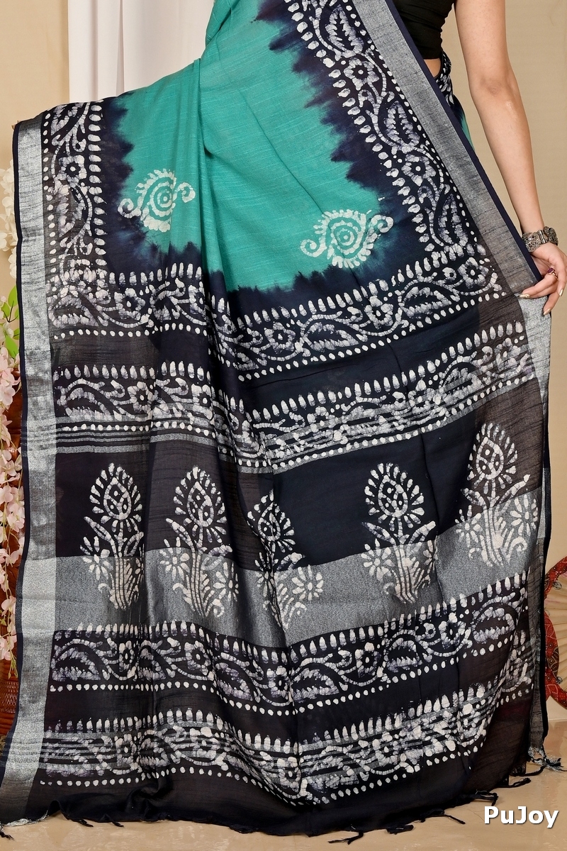 Sky Blue Pure Cotton Batika Batik Print Saree (1659)