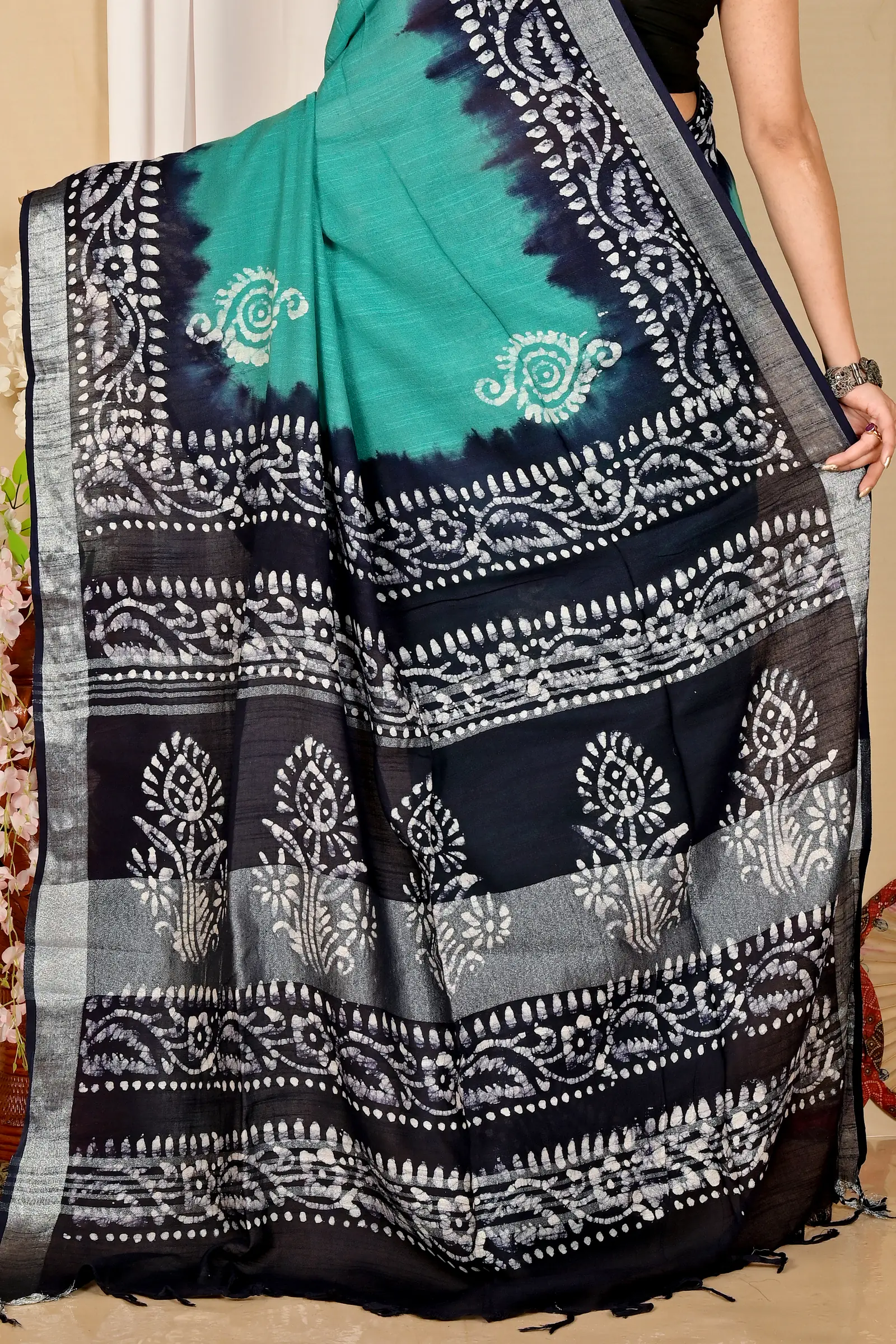 Sky Blue Pure Cotton Batika Batik Print Saree (1659)