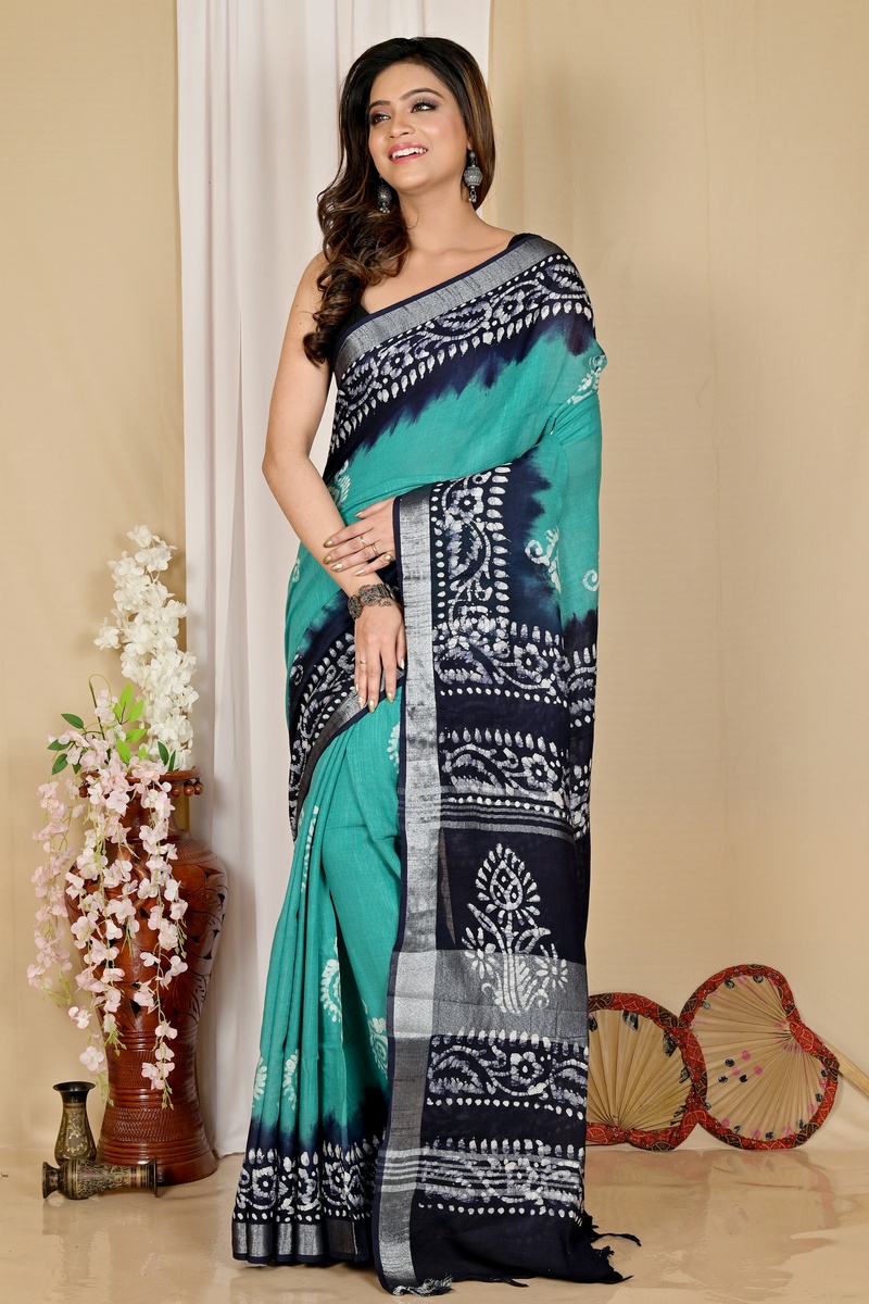 Sky Blue Pure Cotton Batika Batik Print Saree (1659)