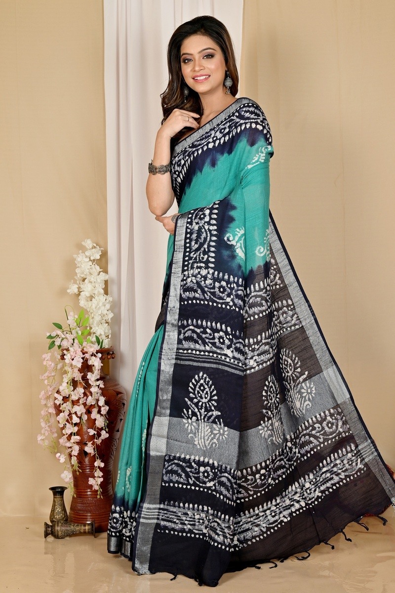 Sky Blue Pure Cotton Batika Batik Print Saree (1659)
