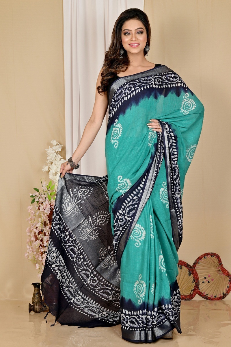 Sky Blue Pure Cotton Batika Batik Print Saree (1659)