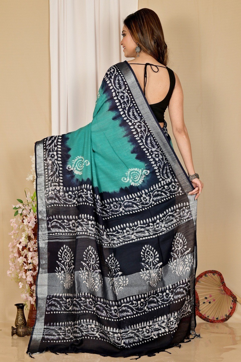 Sky Blue Pure Cotton Batika Batik Print Saree (1659)