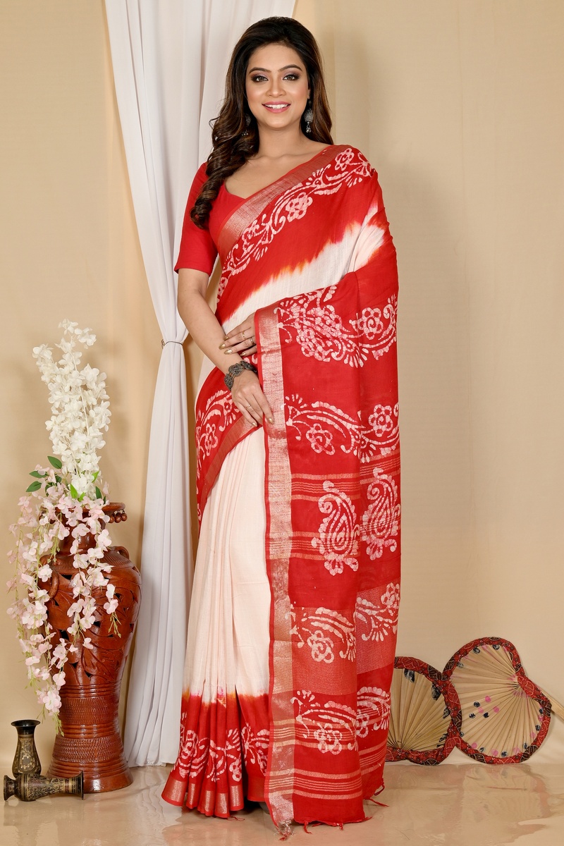 White Red Pure Cotton Batika Batik Print Saree (1660)