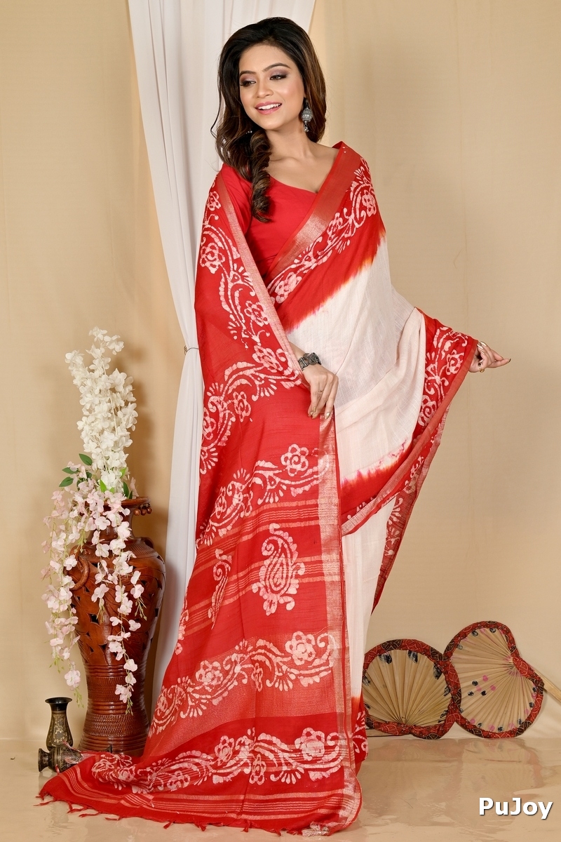 White Red Pure Cotton Batika Batik Print Saree (1660)