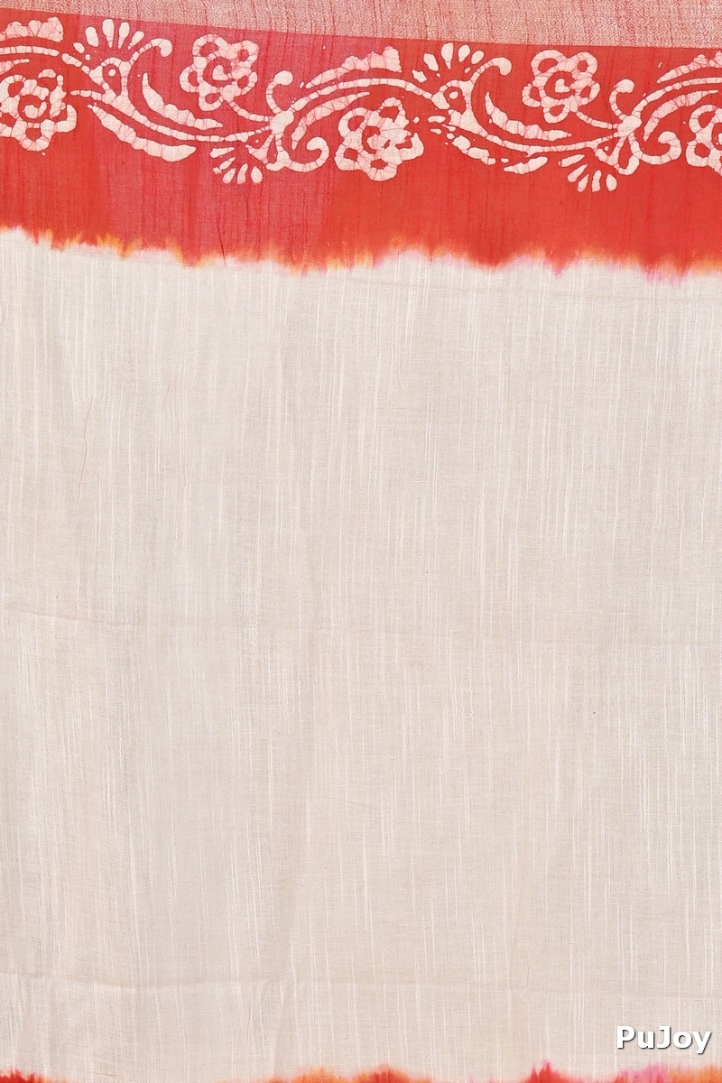 White Red Pure Cotton Batika Batik Print Saree (1660)