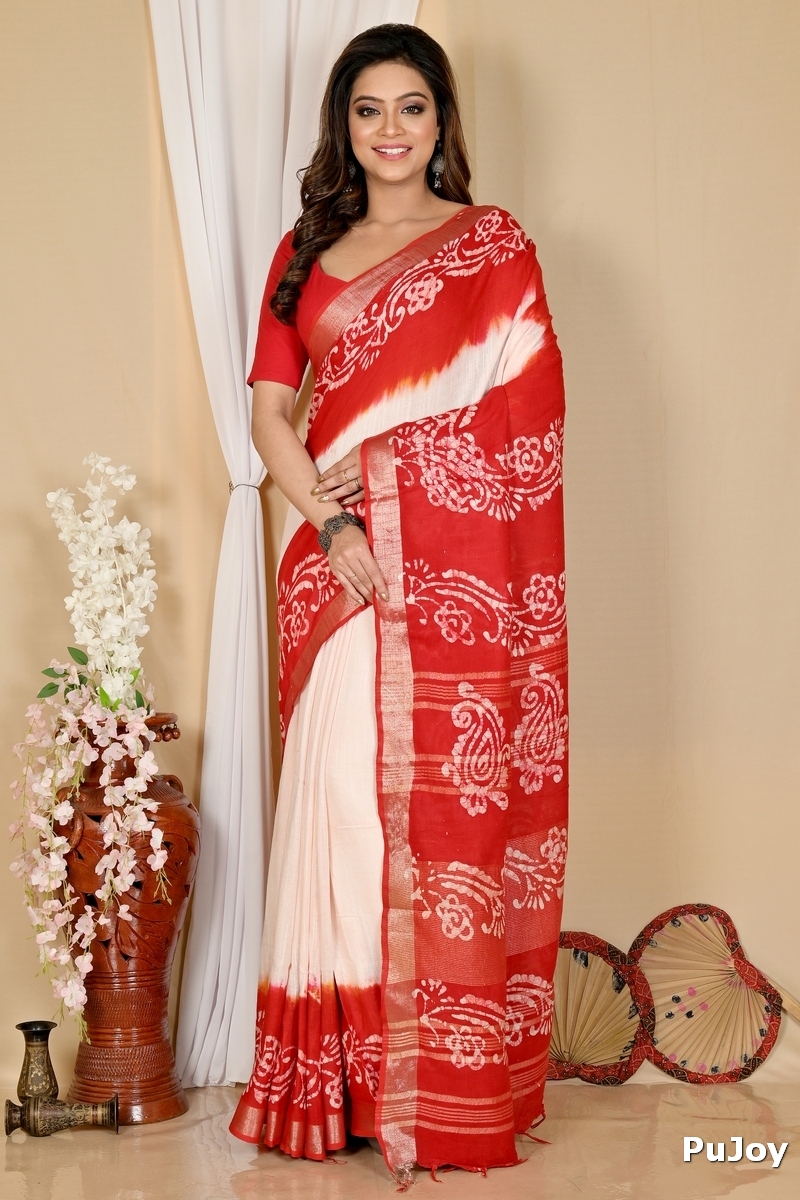 White Red Pure Cotton Batika Batik Print Saree (1660)