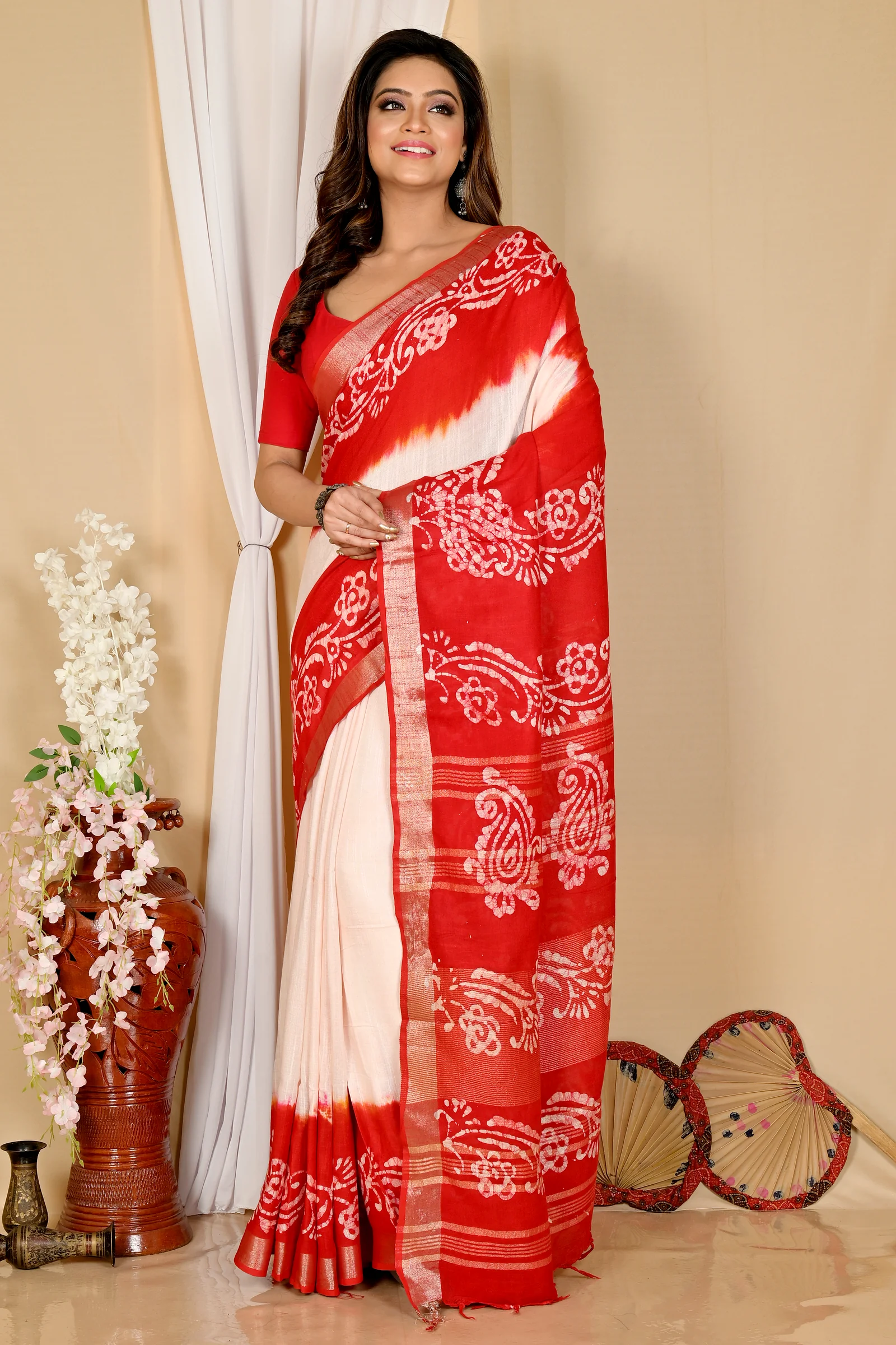 White Red Pure Cotton Batika Batik Print Saree (1660)